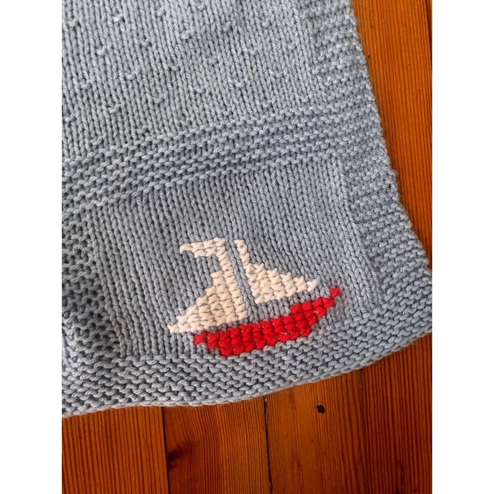 Handmade Knit Baby Blanket Light Blue Nautical Sailboat Nursery Throw